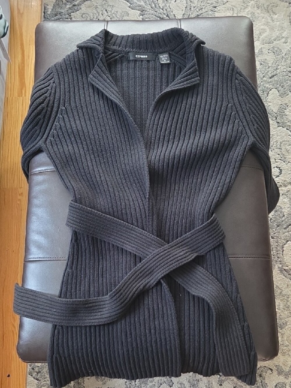 Express Black Ribbed Long Cardigan with Tie Belt